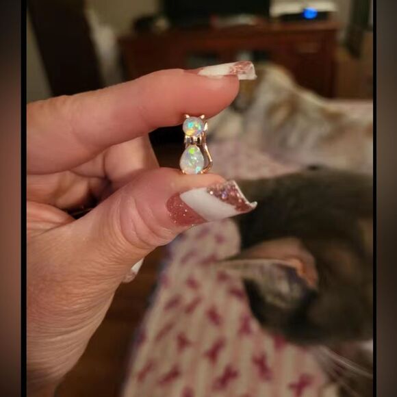 💖Rose Gold Colored Sparkly Opalescent Cat Earrings🌸 - Picture 15 of 15